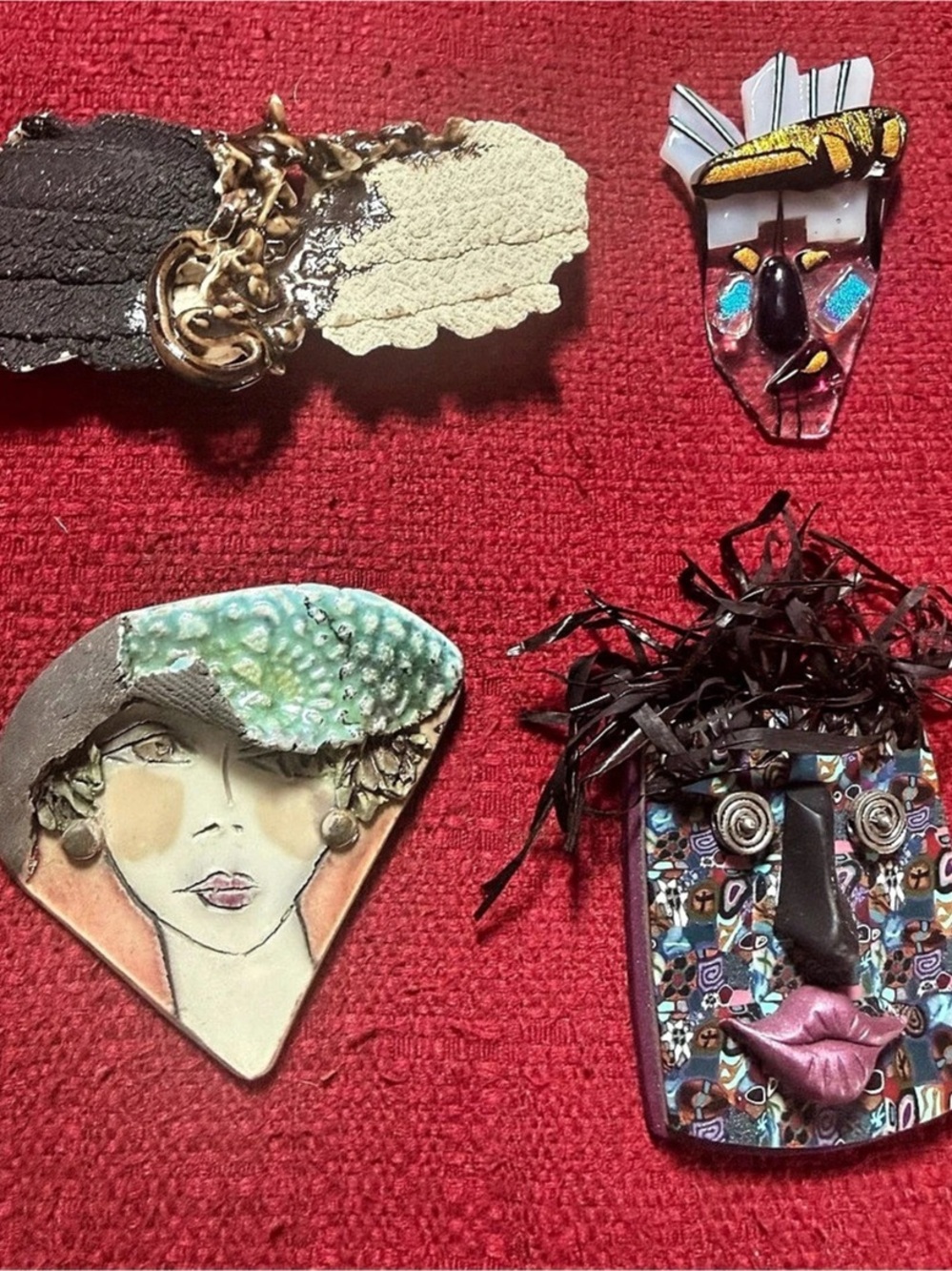 Lot of 4 Artisan Statement Brooches Handcrafted Mixed Media Art Jewelry